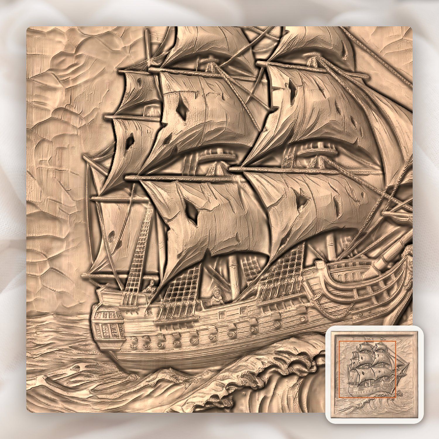 Pirate Ship Galleon Sea Wave CNC Relief STL bas-relief STL — view 6