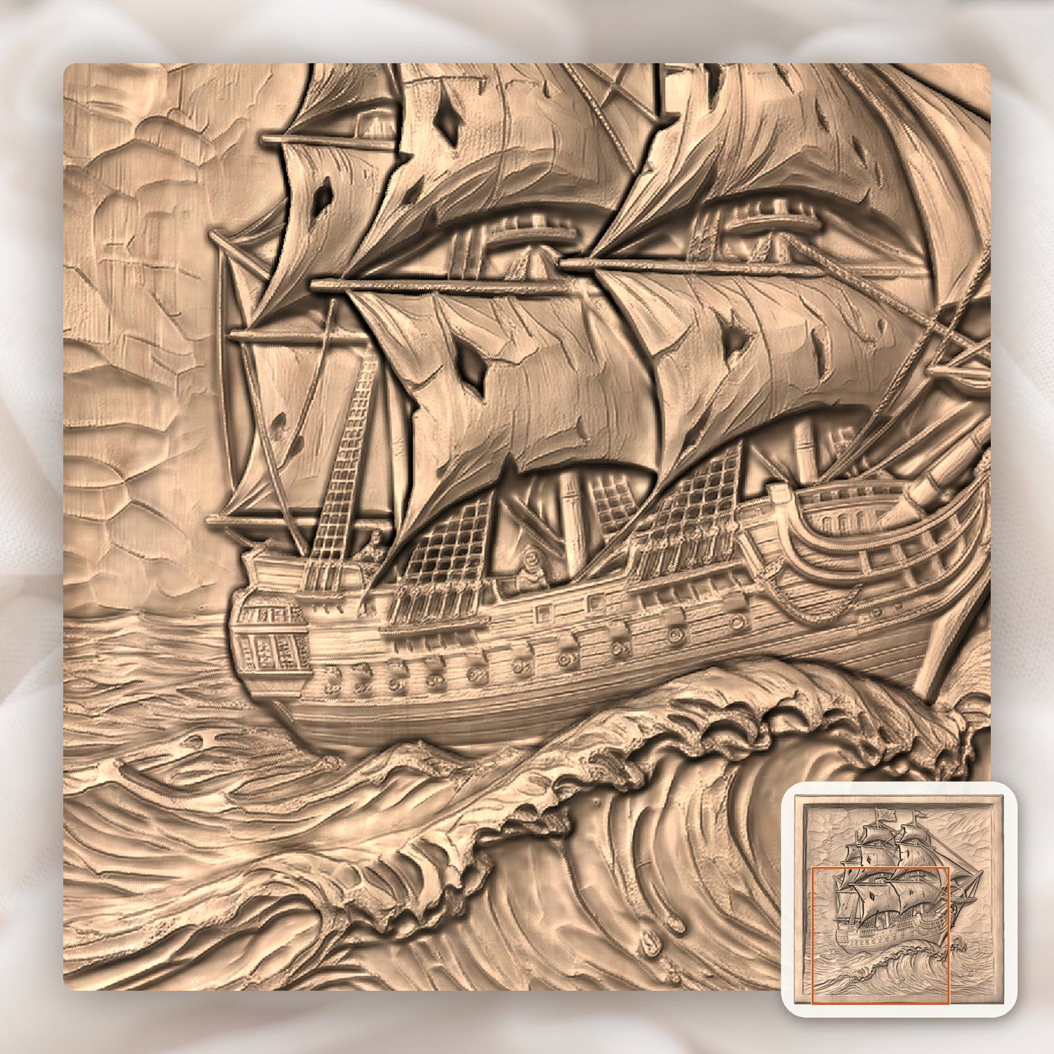 Pirate Ship Galleon Sea Wave CNC Relief STL bas-relief STL — view 7