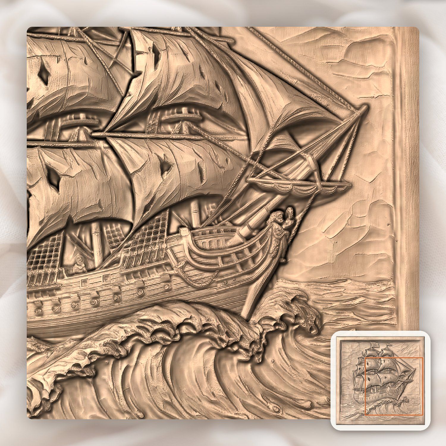 Pirate Ship Galleon Sea Wave CNC Relief STL bas-relief STL — view 8