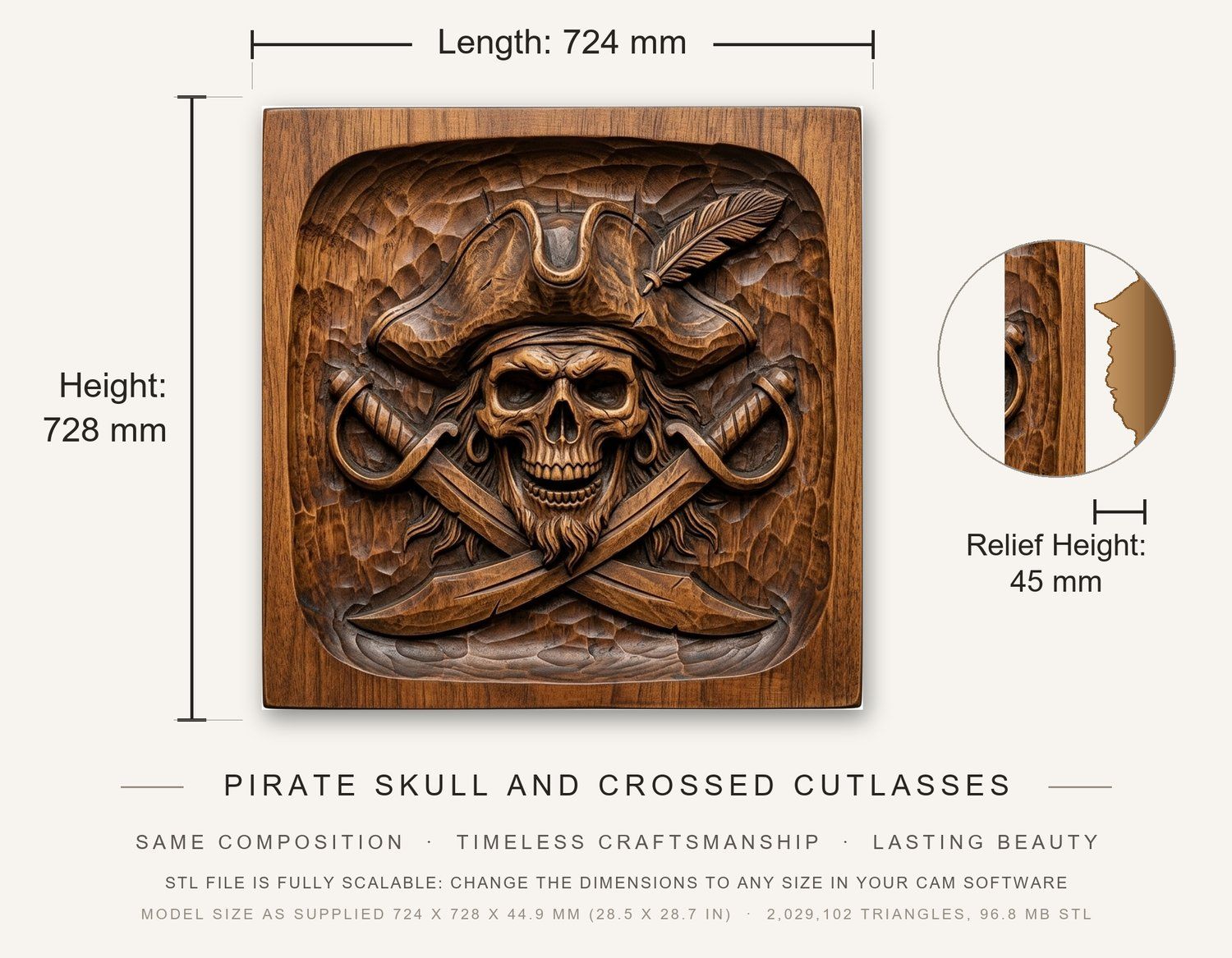 Pirate Skull and Crossed Cutlasses CNC Relief STL bas-relief STL — view 3