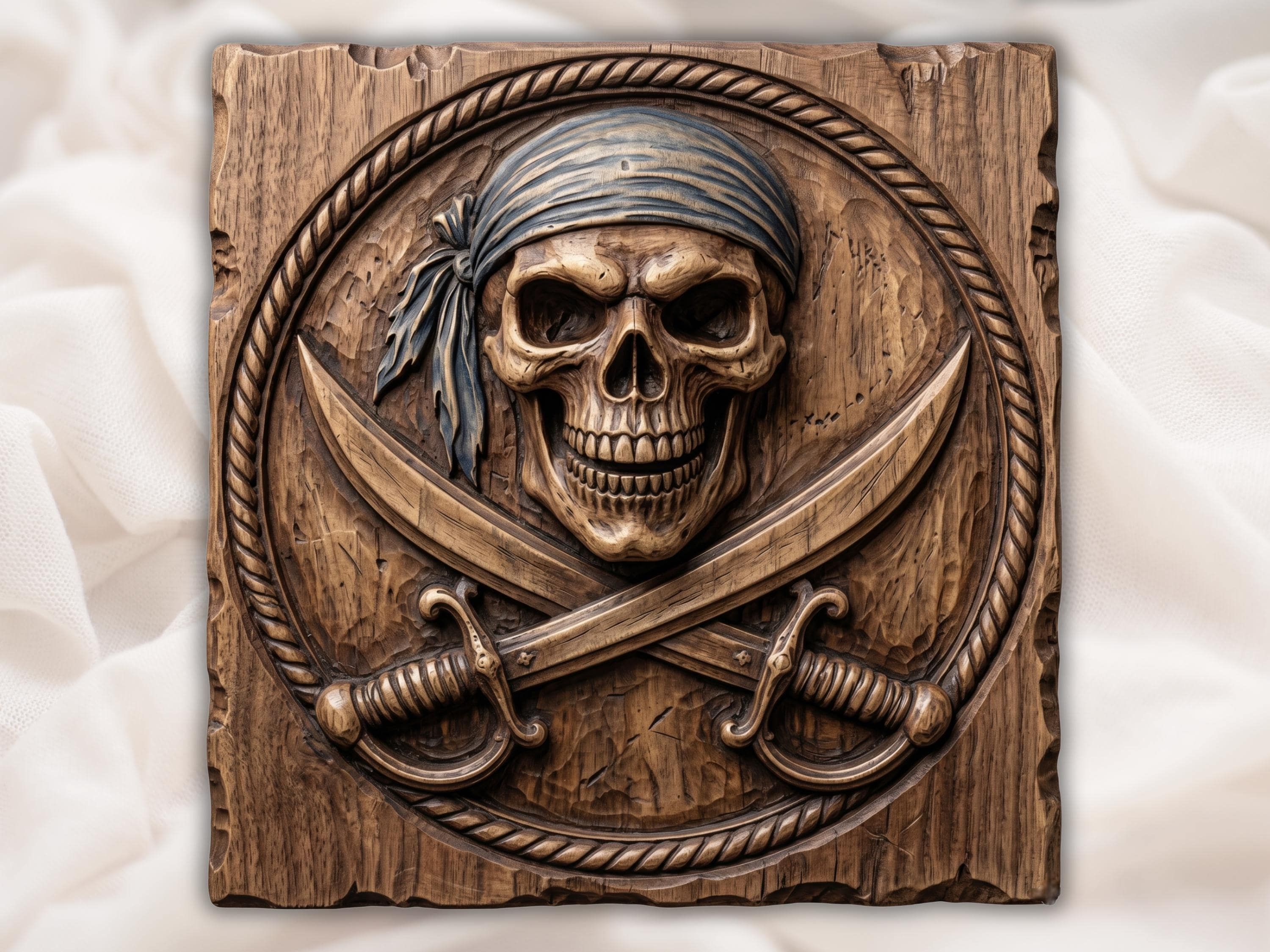 Carved wood relief of a pirate skull in a bandana over crossed cutlasses, framed by a twisted rope border.