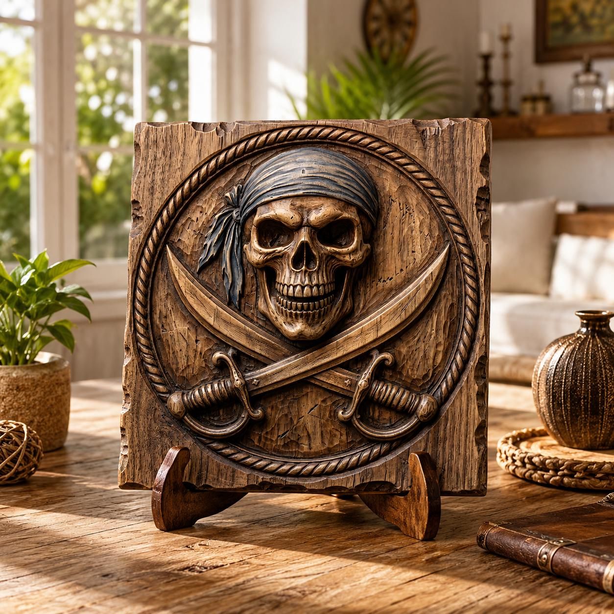 Bandana Pirate Skull and Crossed Cutlass Rope-Framed Relief STL bas-relief STL — view 2