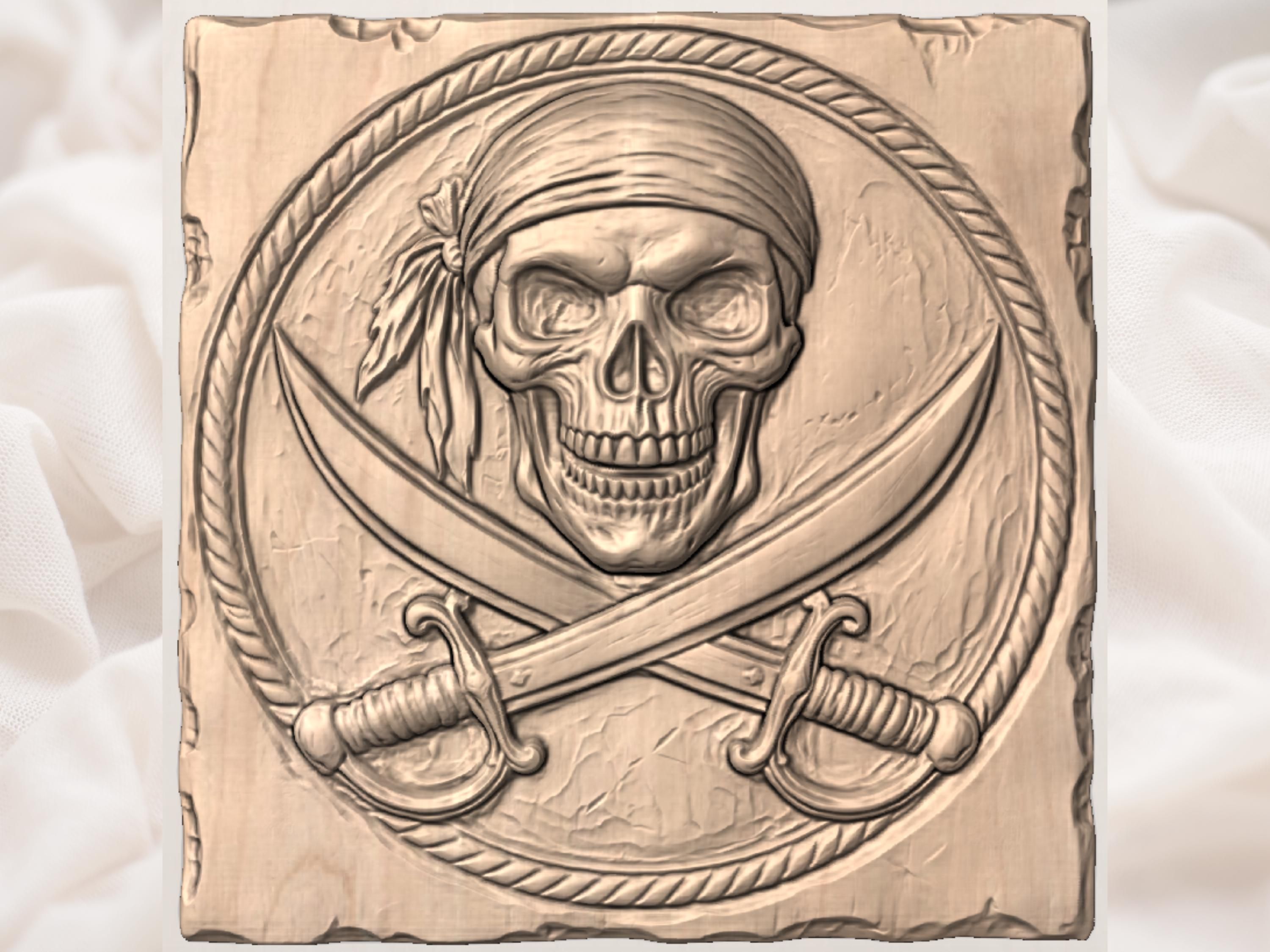 Bandana Pirate Skull and Crossed Cutlass Rope-Framed Relief STL bas-relief STL — view 3