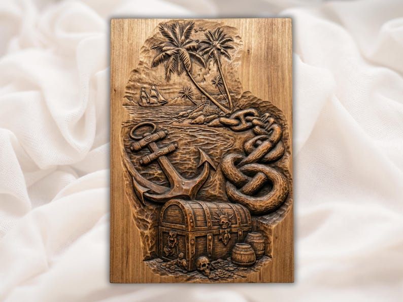 Carved wood relief of a pirate island with palm trees, ship, anchor, rope, treasure chest, barrels and skulls