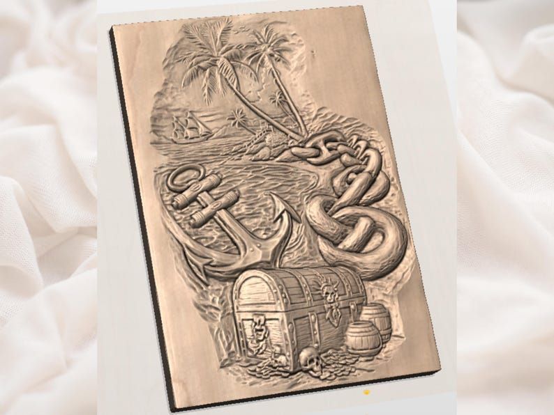Pirate Treasure Island Relief: Anchor, Chest, Palms STL bas-relief STL — view 2