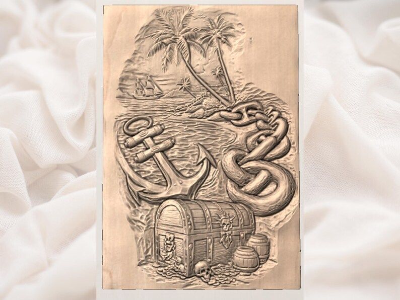 Pirate Treasure Island Relief: Anchor, Chest, Palms STL bas-relief STL — view 3
