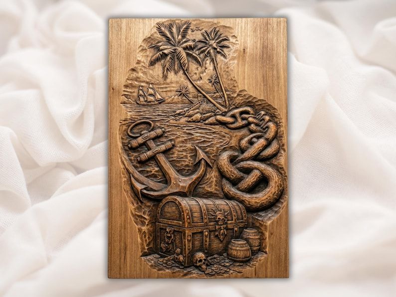 Pirate Treasure Island Relief: Anchor, Chest, Palms STL bas-relief STL design