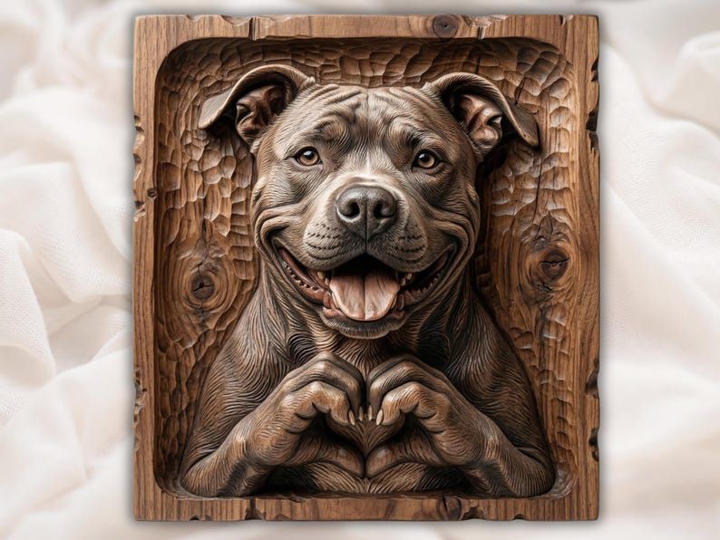 Carved wood relief of a smiling pitbull with paws forming a heart inside a rustic frame