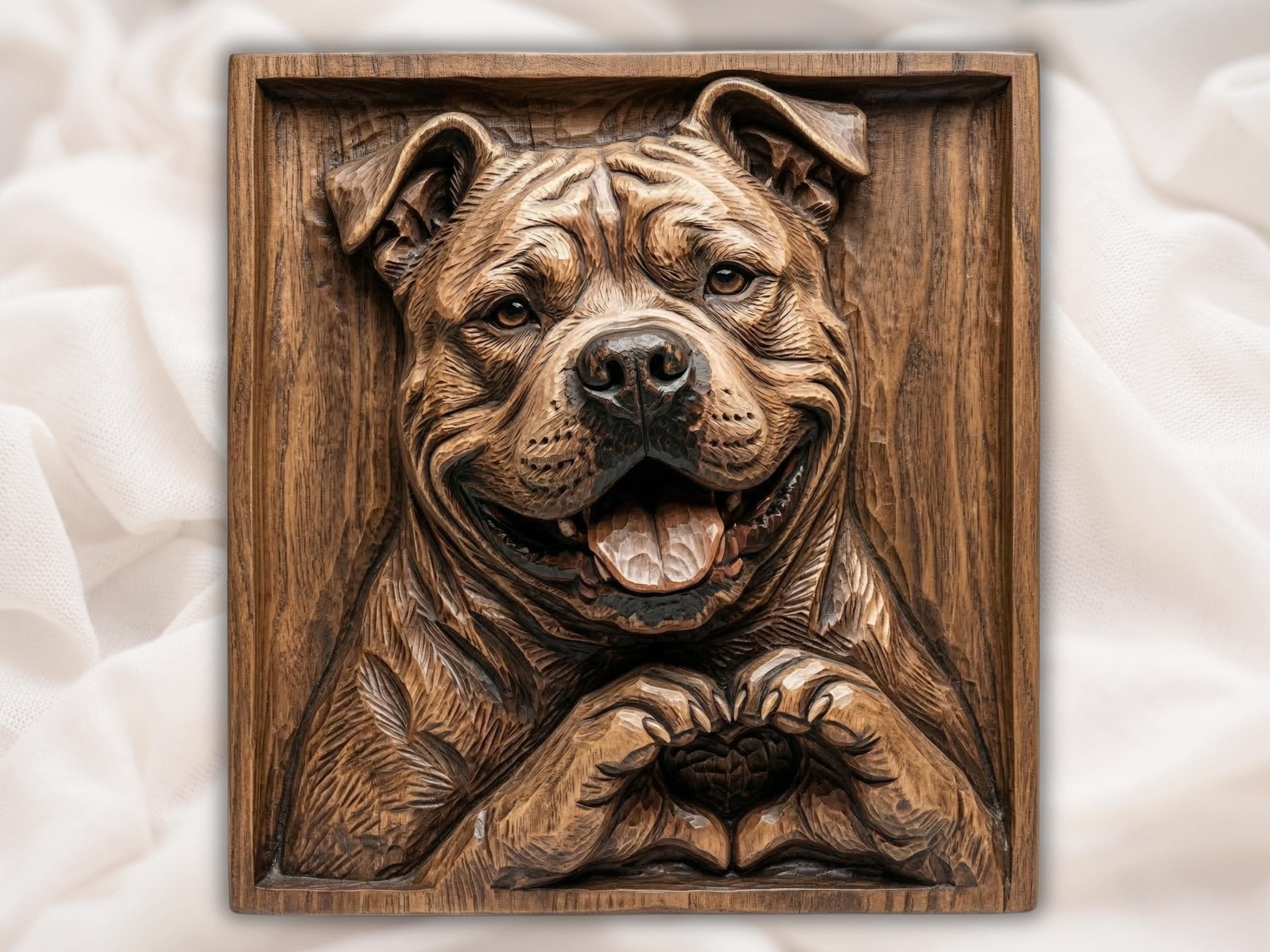 Carved wood bas-relief of a smiling pitbull dog with paws forming a heart shape