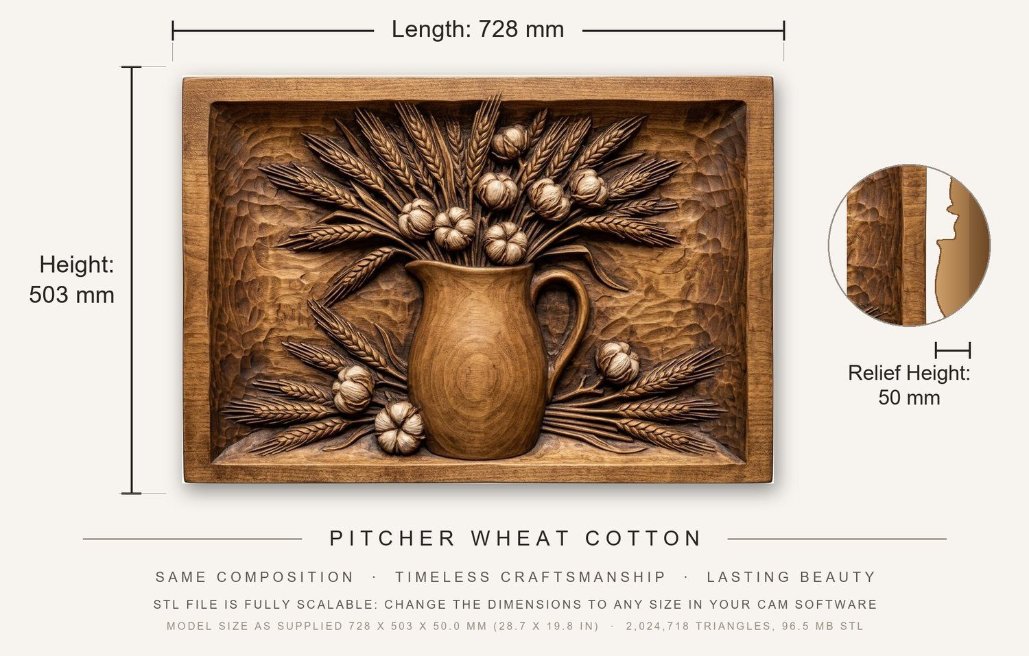Pitcher Wheat Cotton CNC Relief STL bas-relief STL — view 3