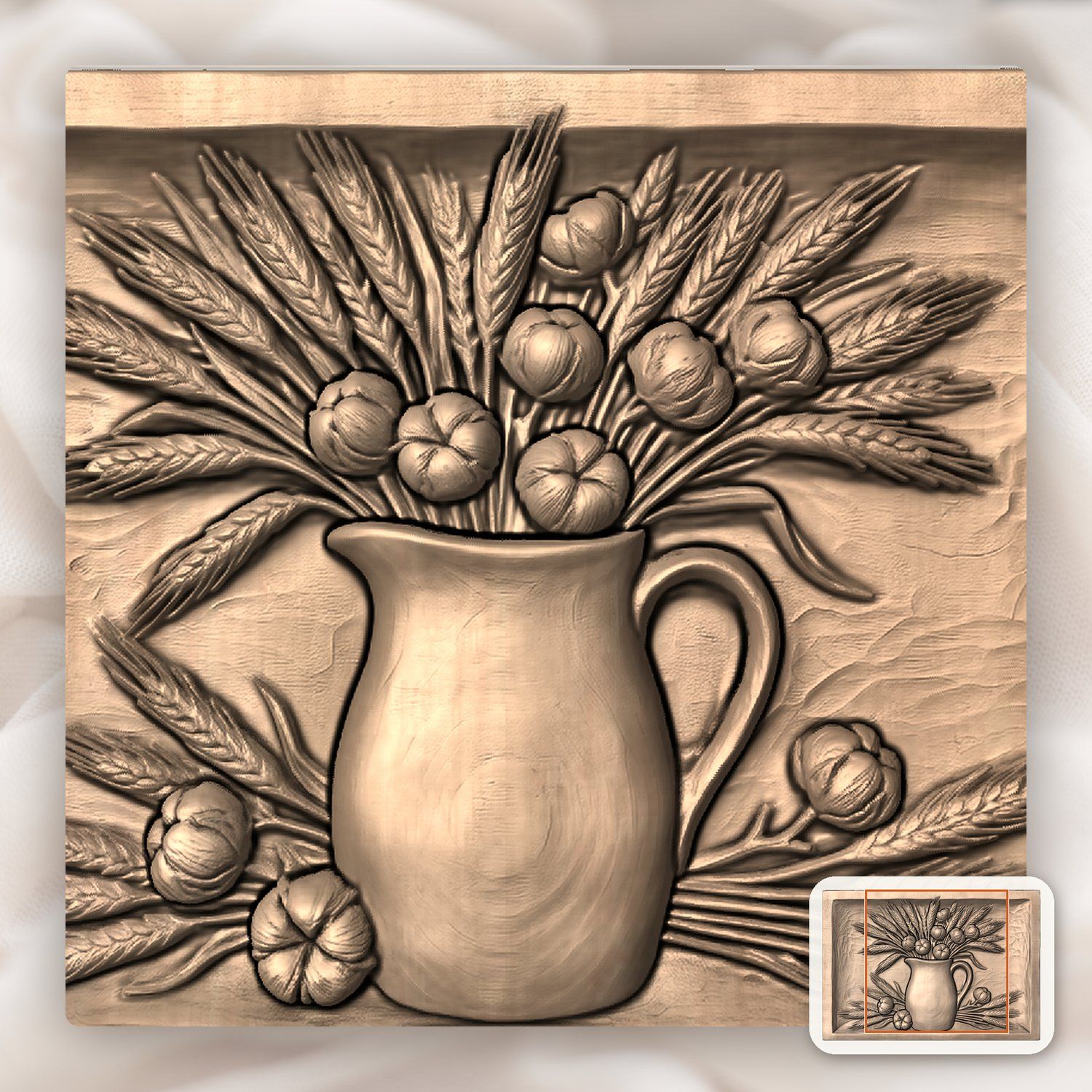 Pitcher Wheat Cotton CNC Relief STL bas-relief STL — view 7