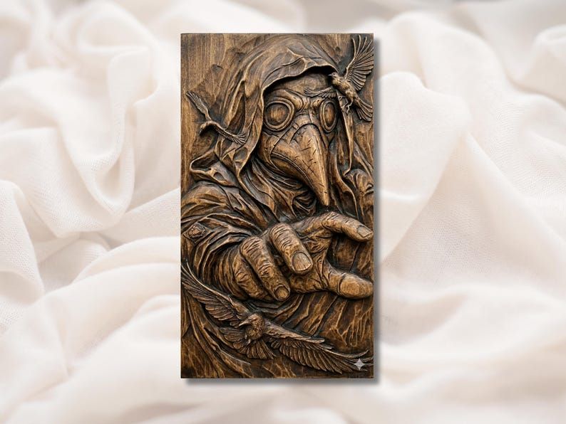 Carved wood relief of a plague doctor in a beaked mask and hood pointing, surrounded by flying ravens.
