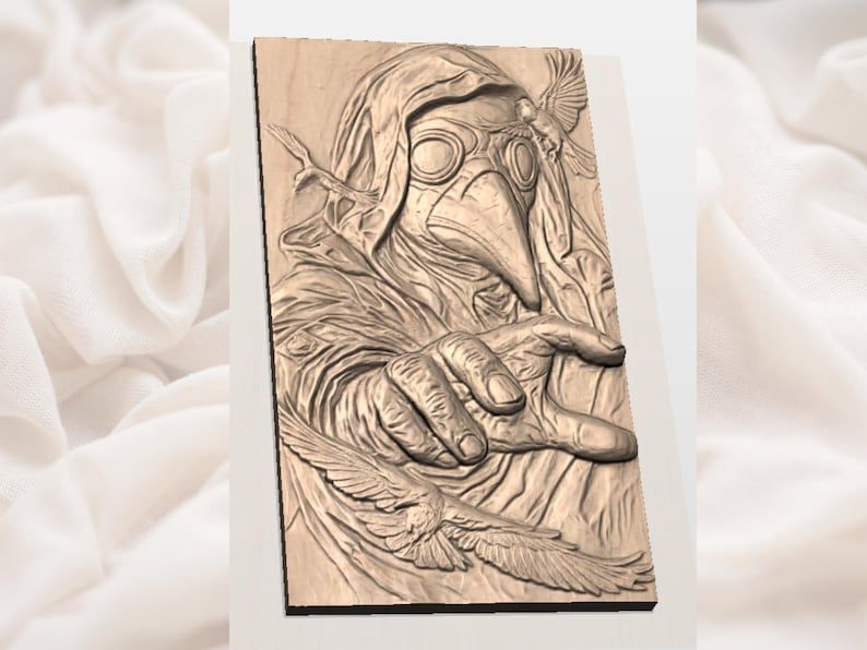 Plague Doctor Bas-Relief STL with Beaked Mask and Ravens bas-relief STL — view 3