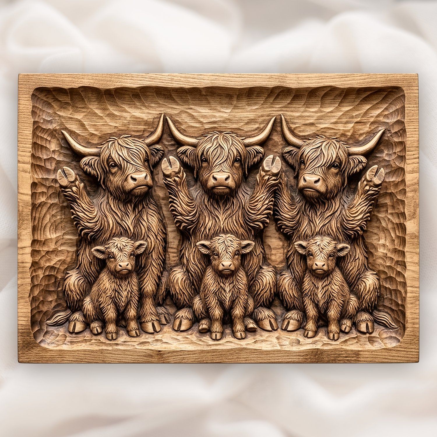 Playful Begging Highland Cow Family CNC Relief STL bas-relief STL design