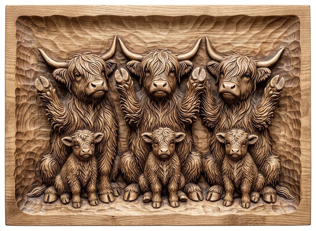 Playful Begging Highland Cow Family CNC Relief STL bas-relief STL — view 12
