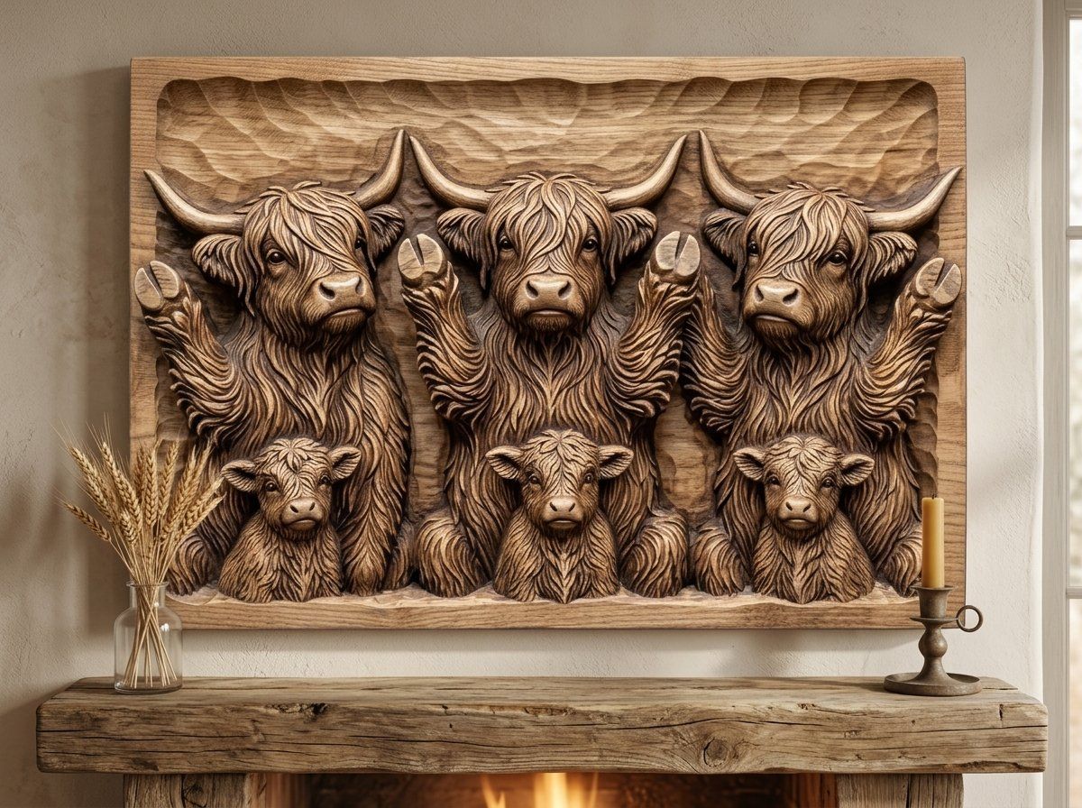 Playful Begging Highland Cow Family CNC Relief STL bas-relief STL — view 13