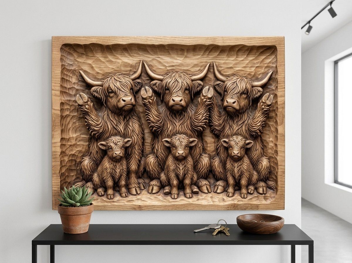 Playful Begging Highland Cow Family CNC Relief STL bas-relief STL — view 14