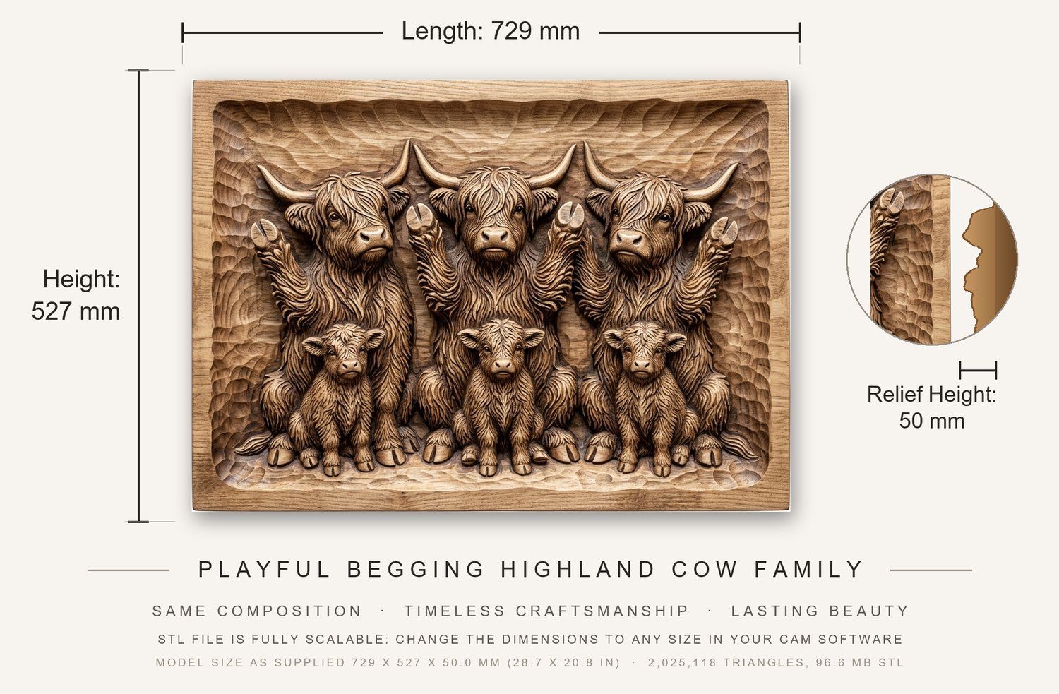 Playful Begging Highland Cow Family CNC Relief STL bas-relief STL — view 3