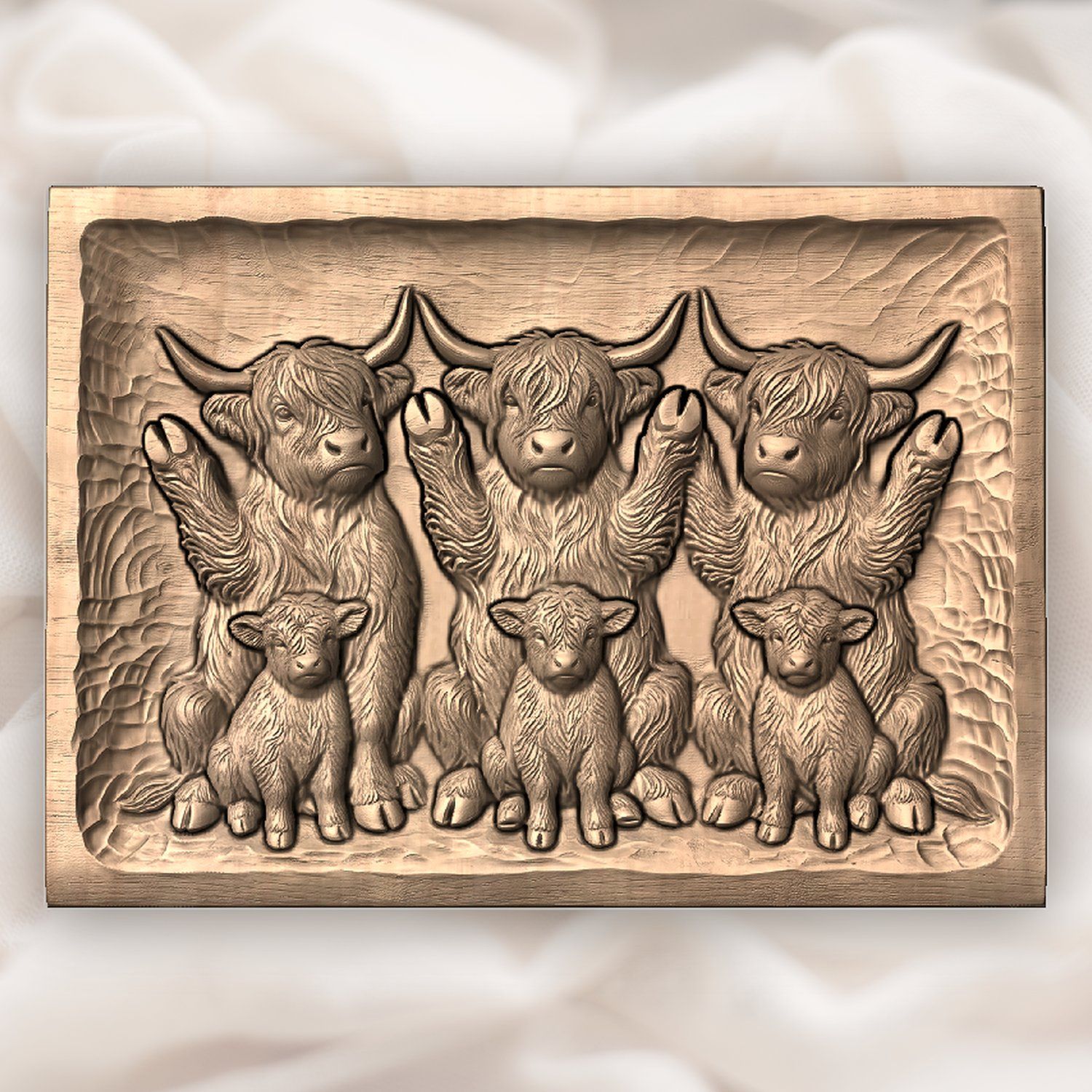 Playful Begging Highland Cow Family CNC Relief STL bas-relief STL — view 4