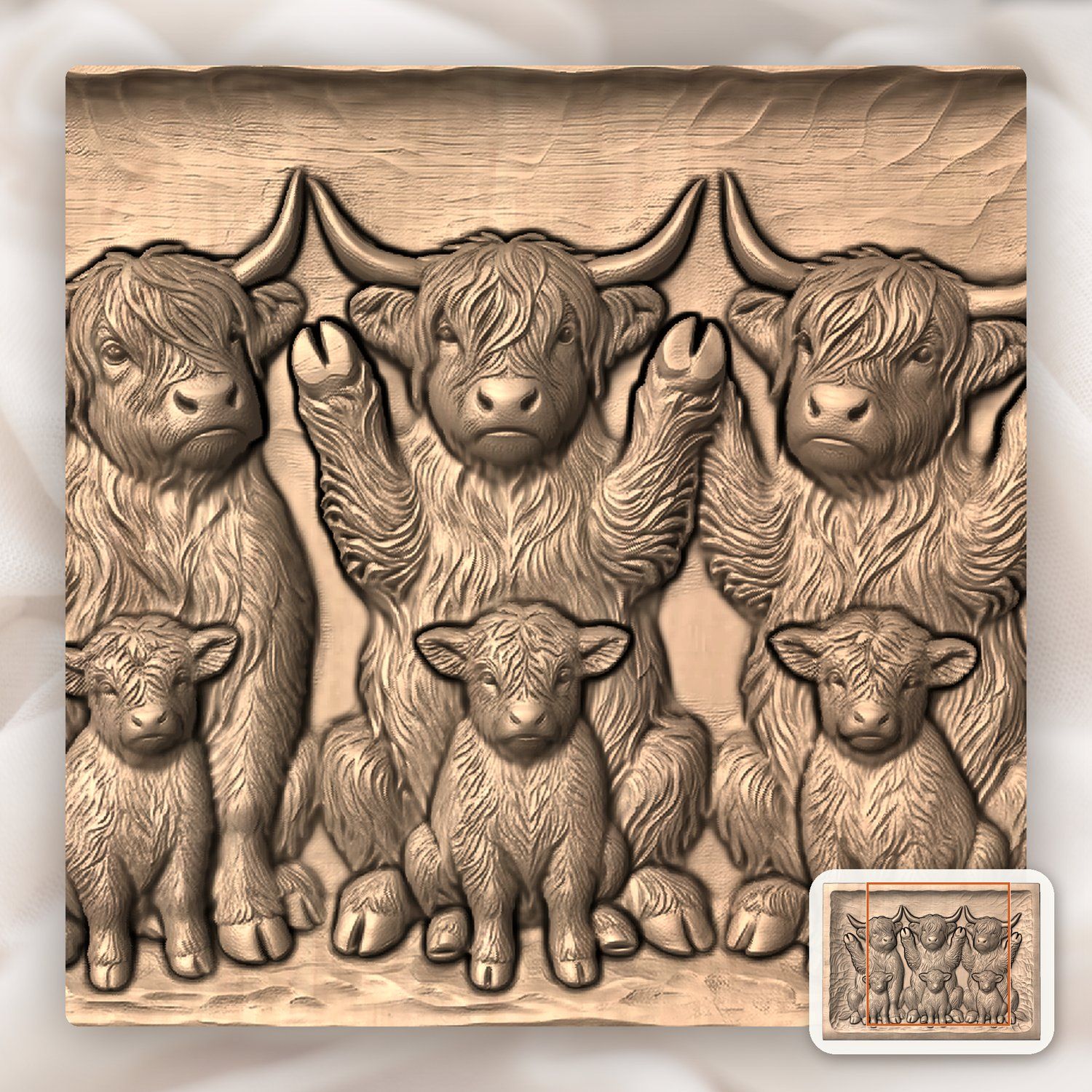Playful Begging Highland Cow Family CNC Relief STL bas-relief STL — view 6