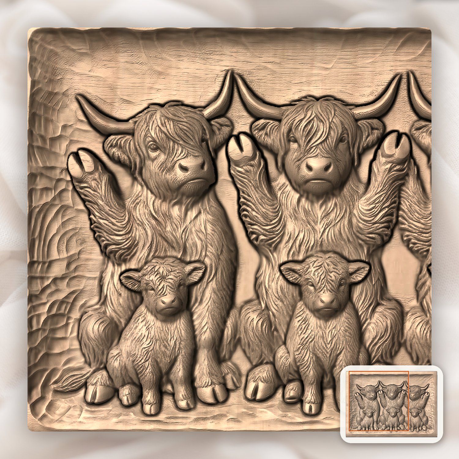 Playful Begging Highland Cow Family CNC Relief STL bas-relief STL — view 7