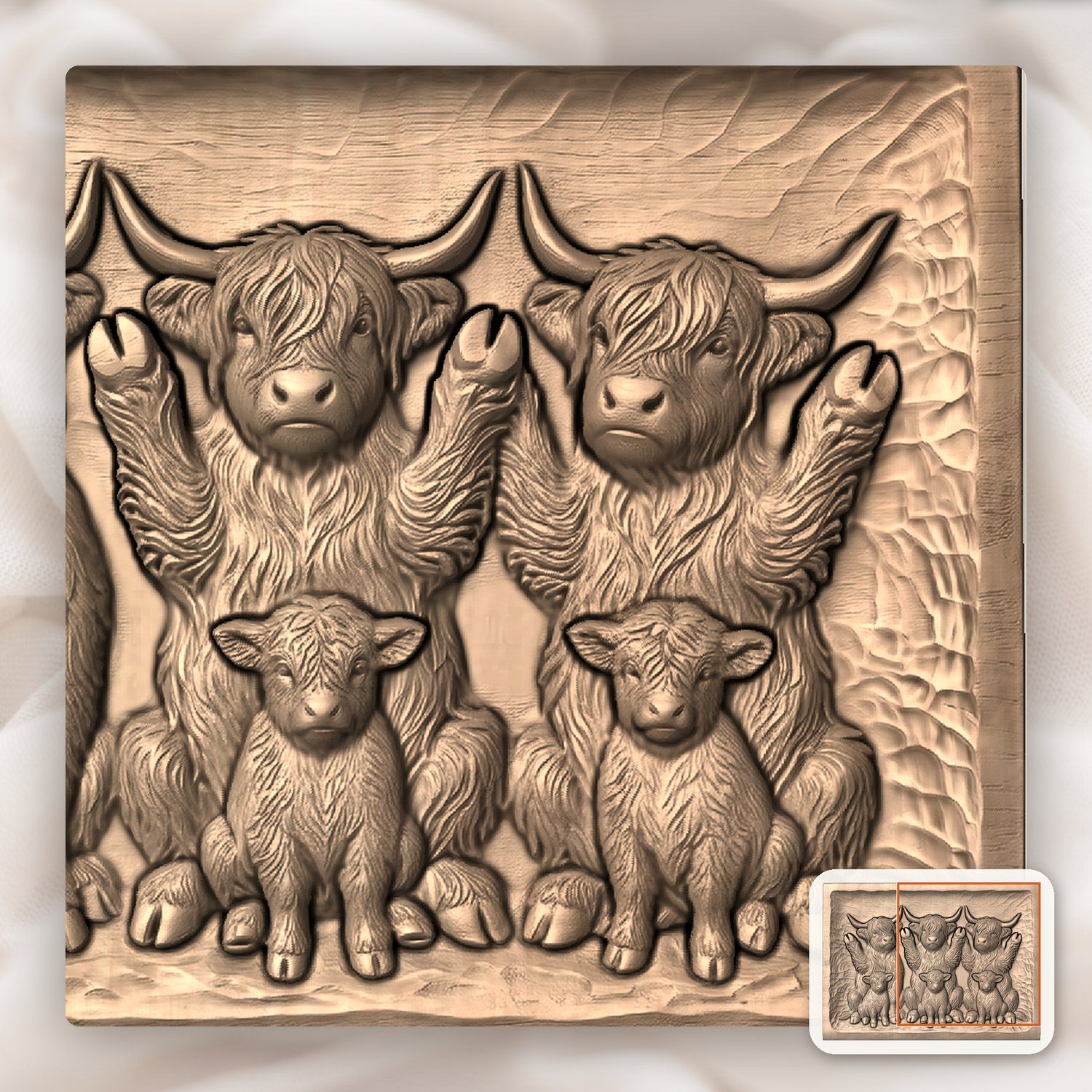 Playful Begging Highland Cow Family CNC Relief STL bas-relief STL — view 8