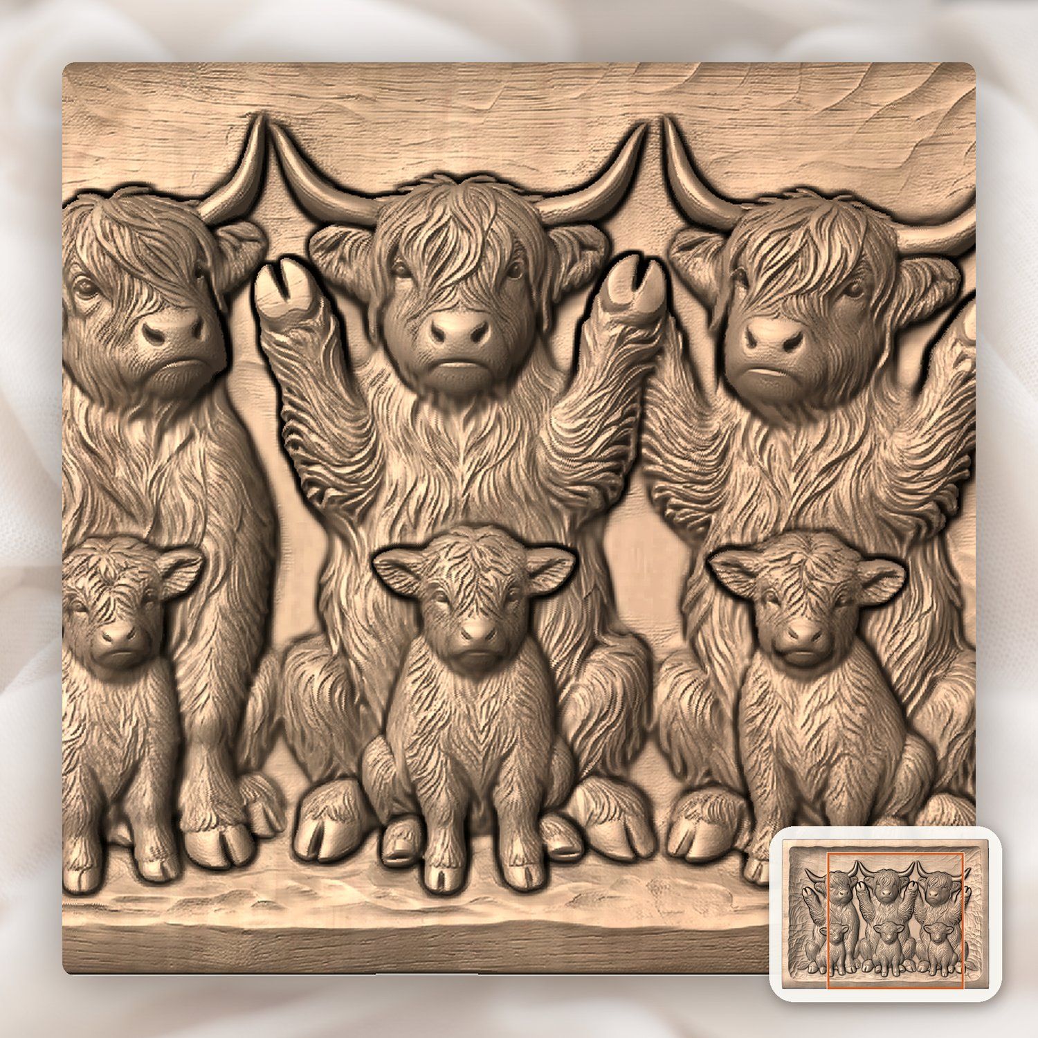 Playful Begging Highland Cow Family CNC Relief STL bas-relief STL — view 9