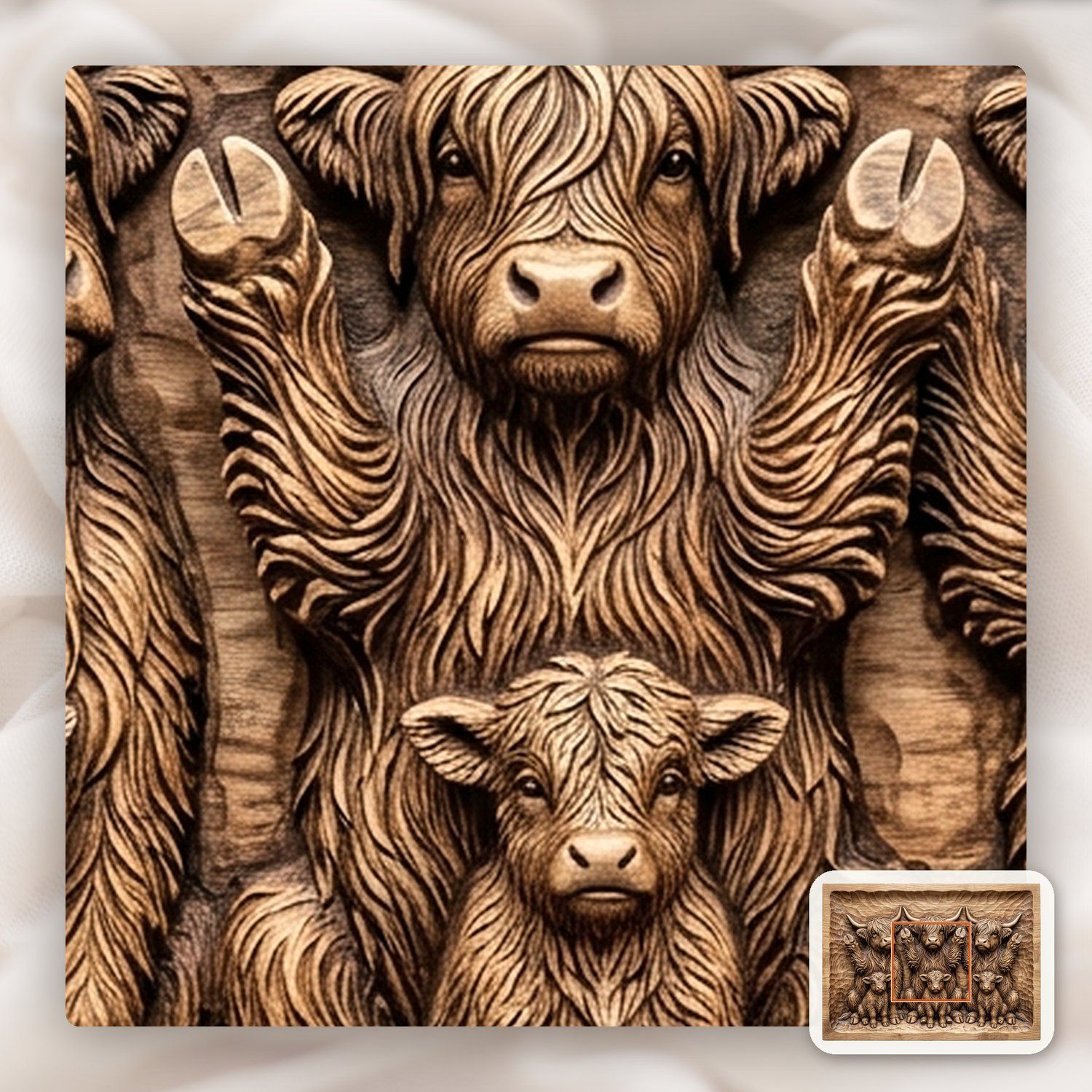 Playful Begging Highland Cow Family CNC Relief STL bas-relief STL — view 10