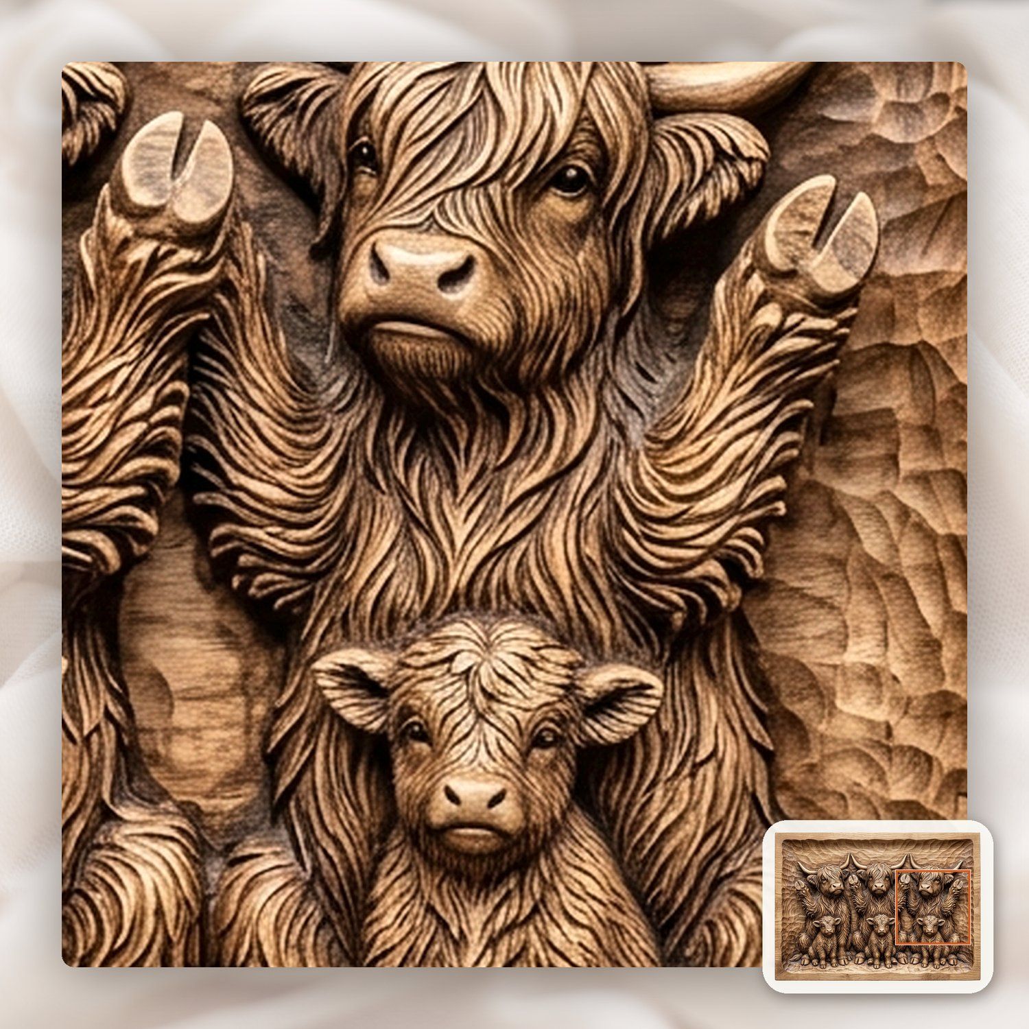 Playful Begging Highland Cow Family CNC Relief STL bas-relief STL — view 11