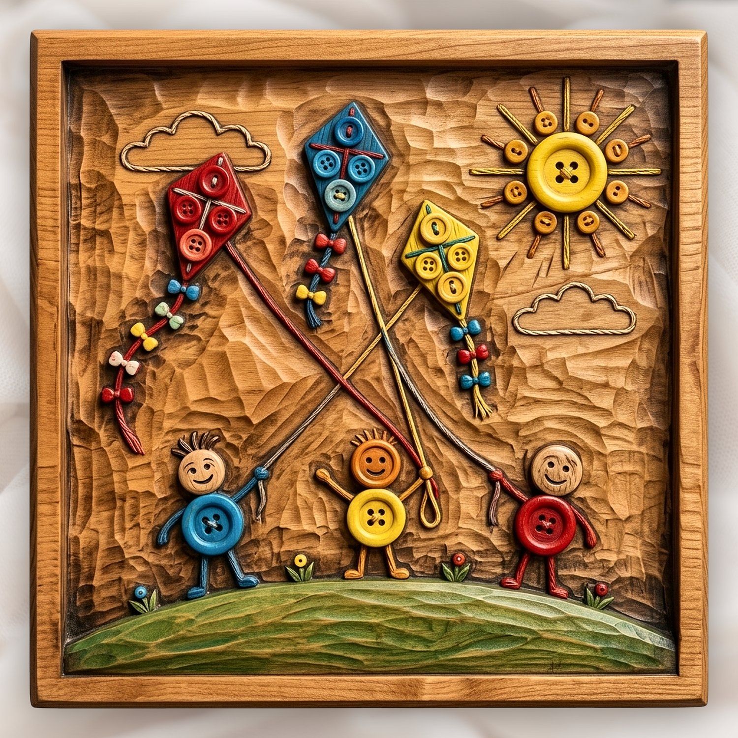 Playful Button Kites Children Scene CNC Relief STL | Kids Playroom Wall Art | Whimsical Nursery Wood Decor — carved bas relief STL file for CNC