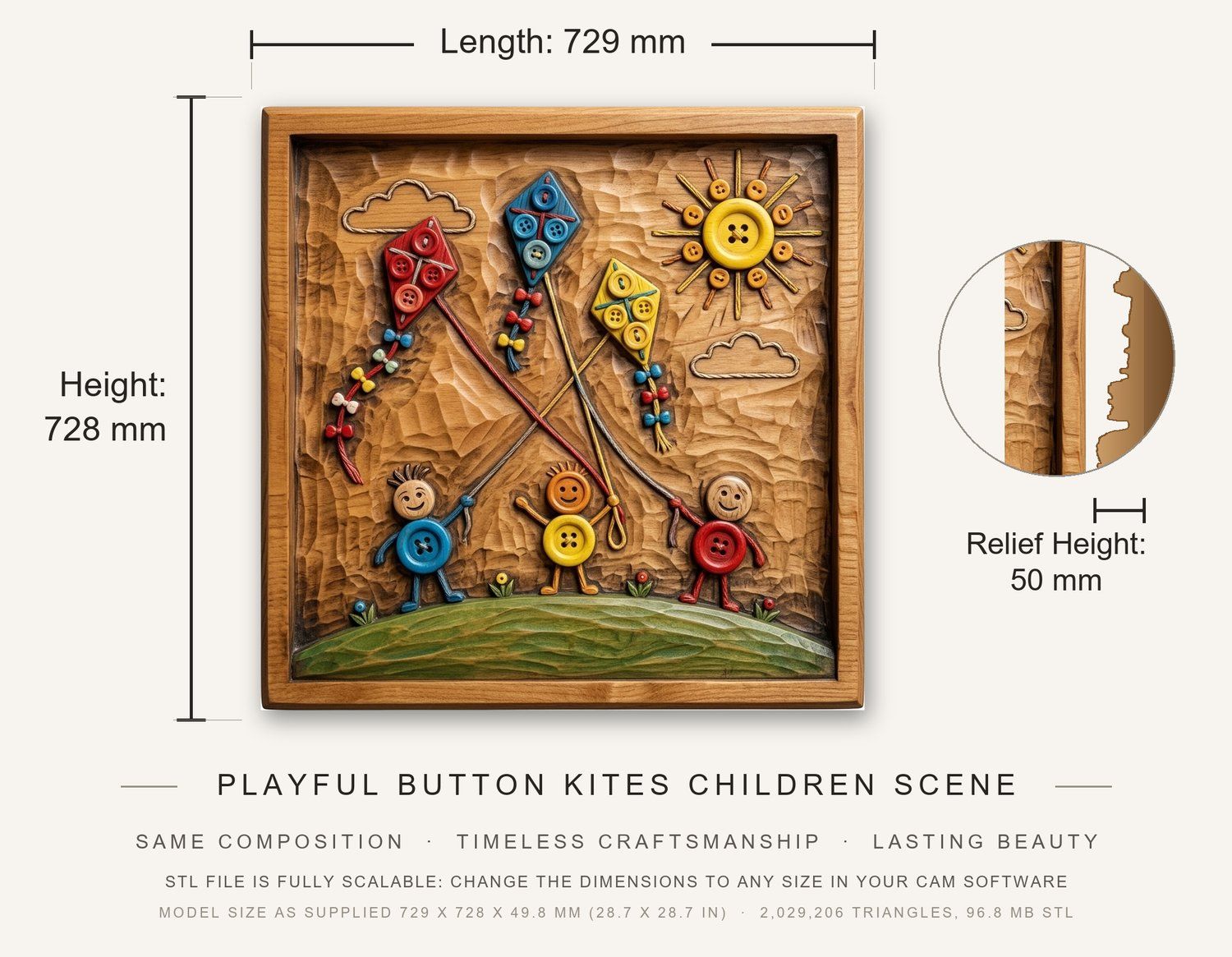 Playful Button Kites Children Scene CNC Relief STL bas-relief STL — view 3