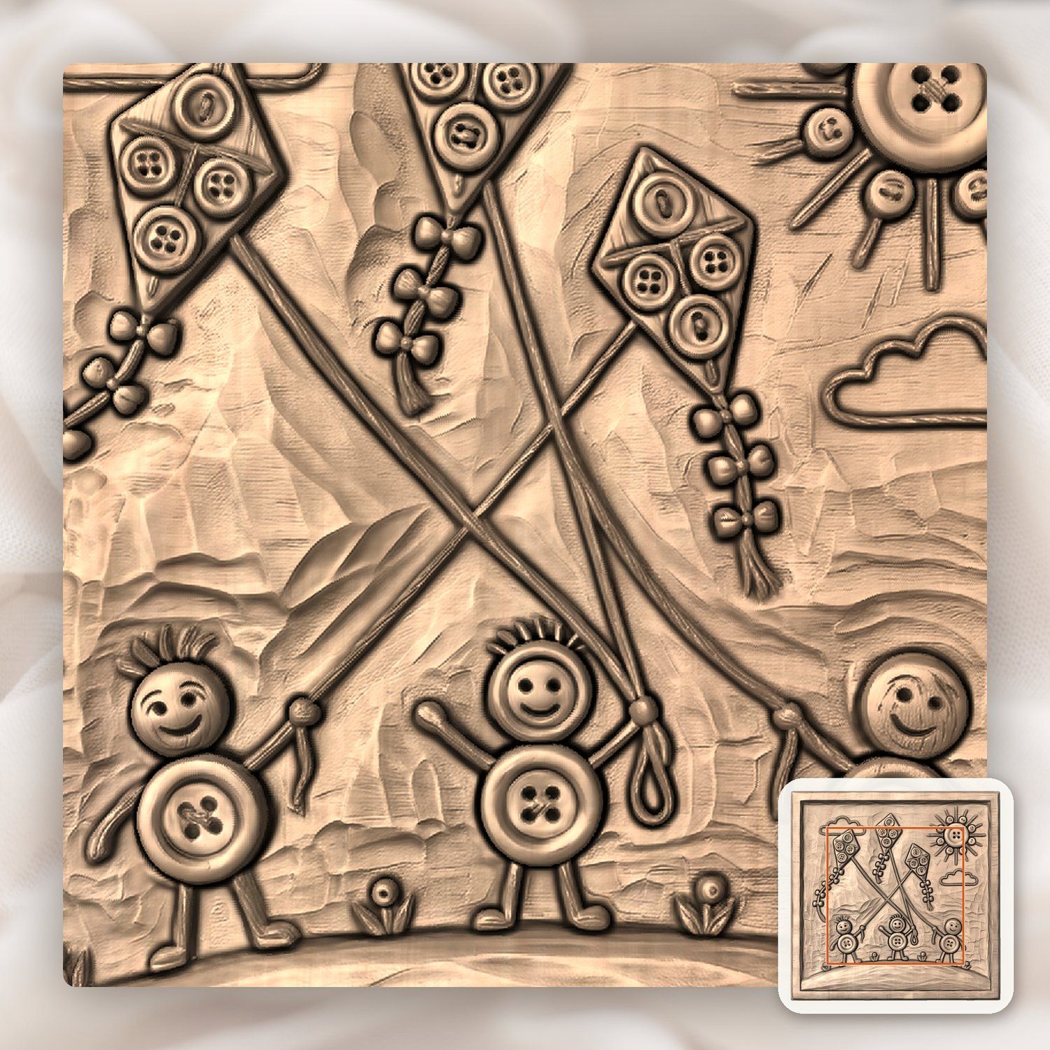 Playful Button Kites Children Scene CNC Relief STL bas-relief STL — view 6
