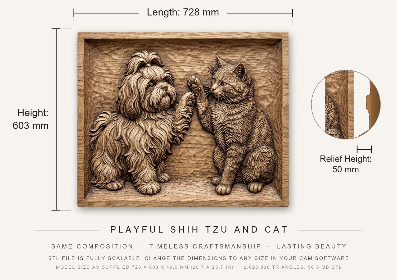 Playful Shih Tzu and Cat CNC Relief STL bas-relief STL — view 3