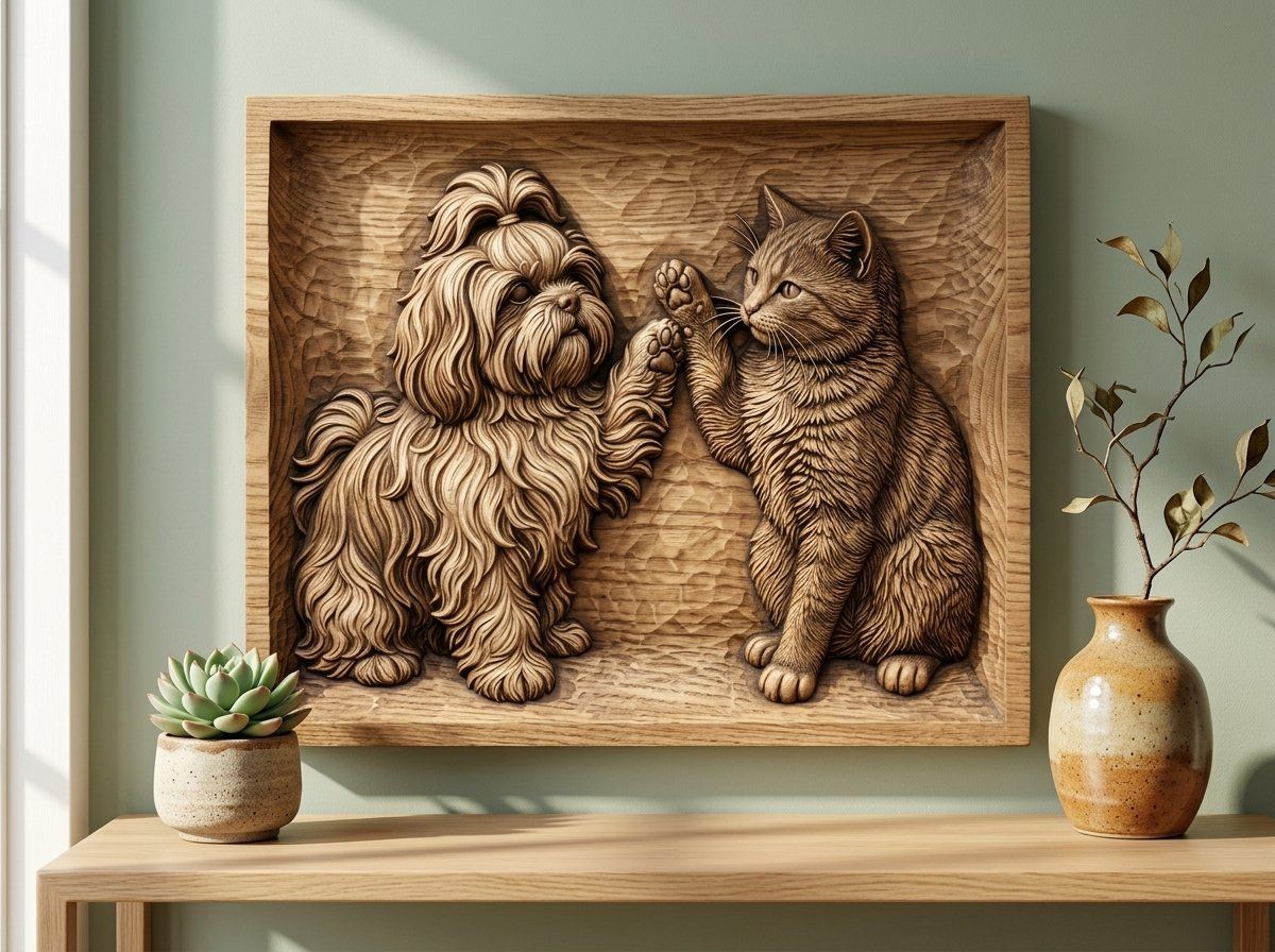 Playful Shih Tzu and Cat CNC Relief STL bas-relief STL — view 12
