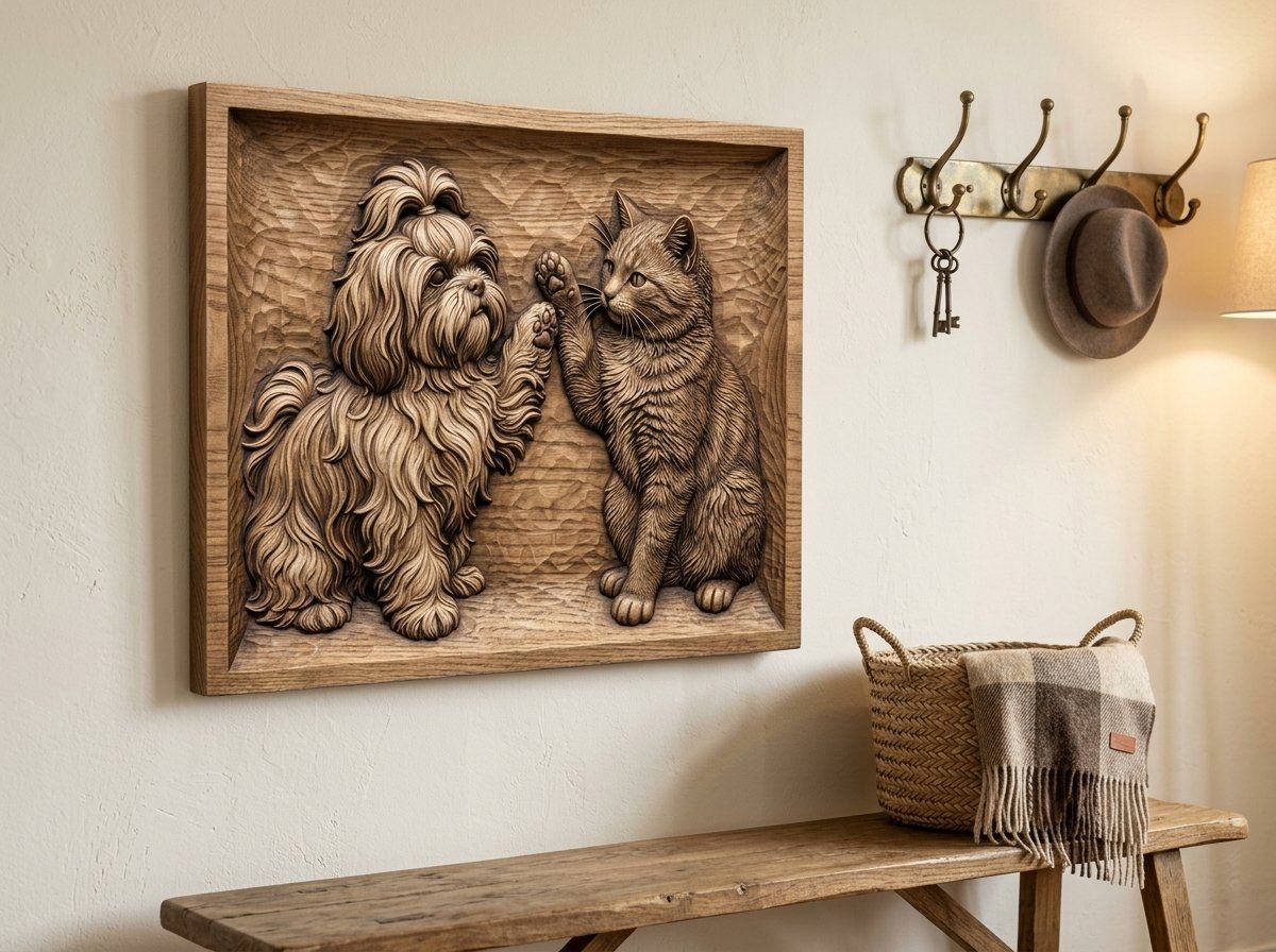 Playful Shih Tzu and Cat CNC Relief STL bas-relief STL — view 13