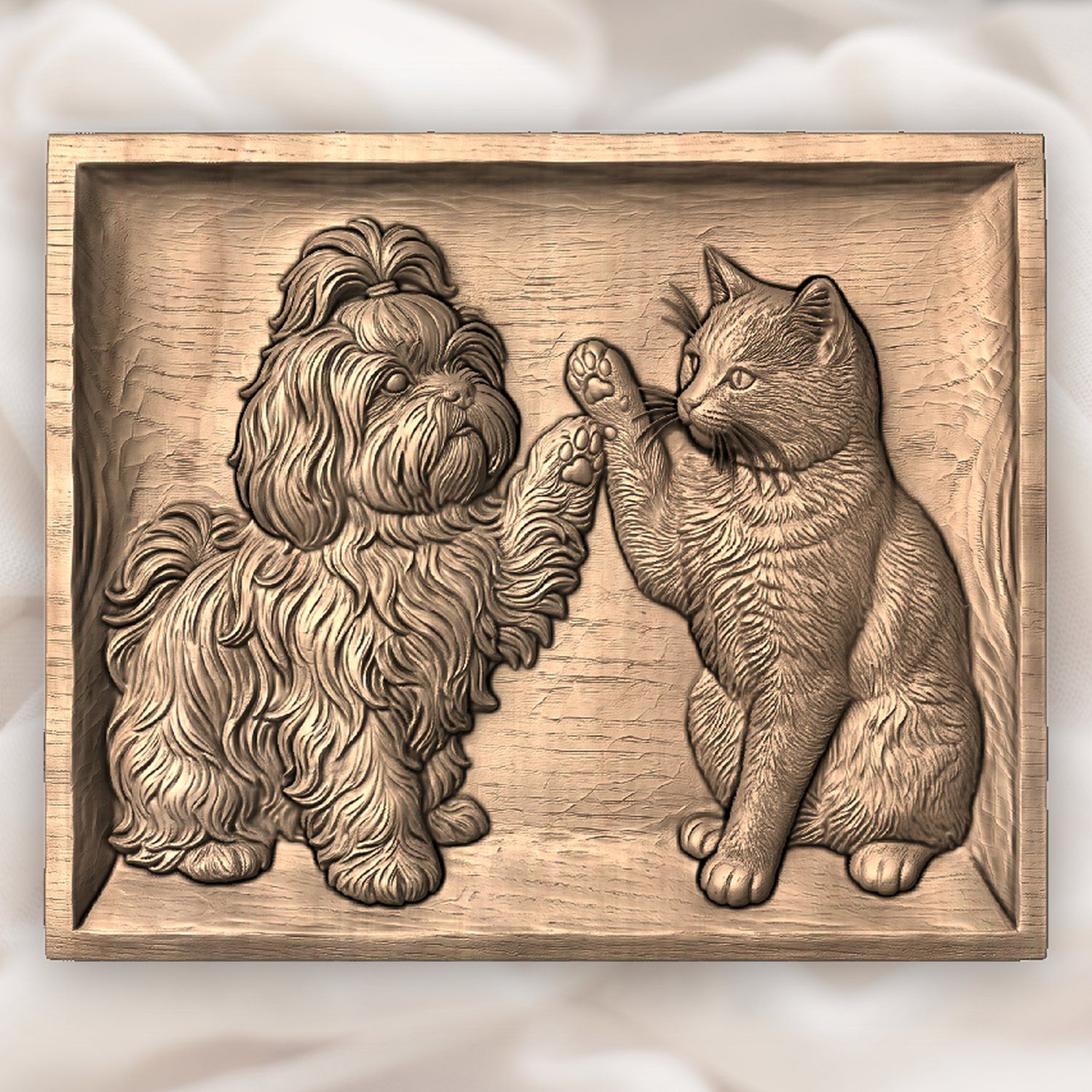 Playful Shih Tzu and Cat CNC Relief STL bas-relief STL — view 4