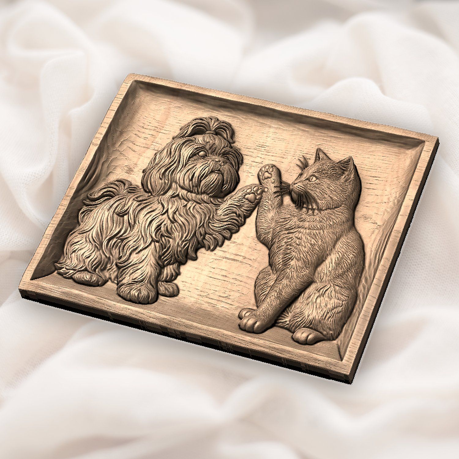 Playful Shih Tzu and Cat CNC Relief STL bas-relief STL — view 5