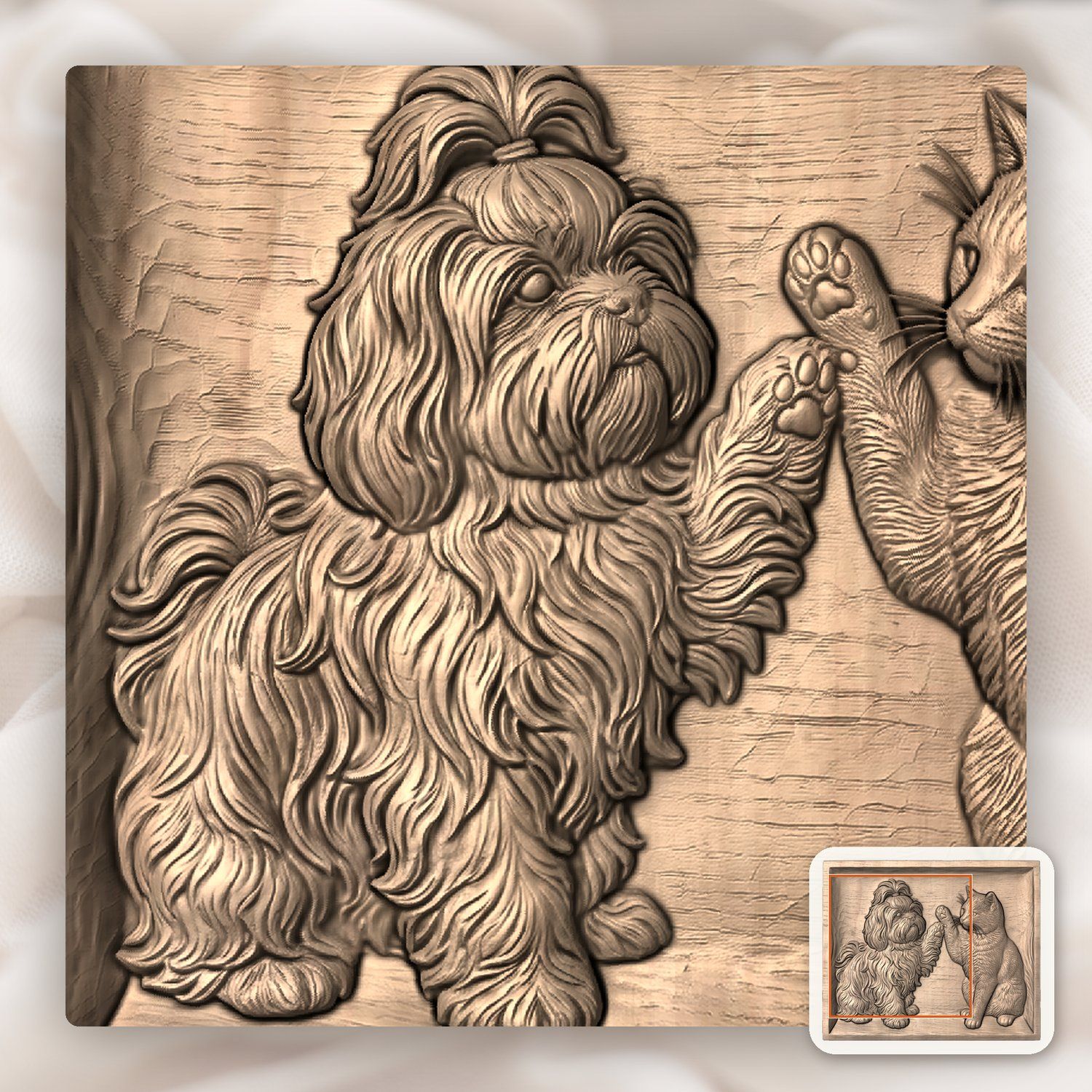 Playful Shih Tzu and Cat CNC Relief STL bas-relief STL — view 6