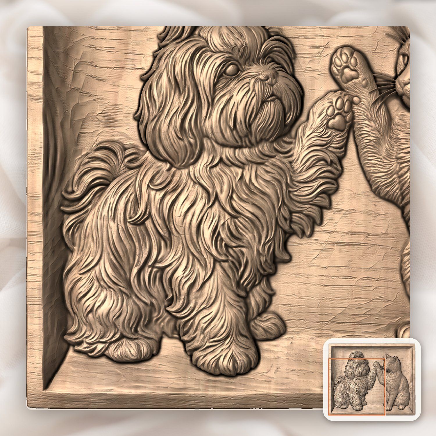 Playful Shih Tzu and Cat CNC Relief STL bas-relief STL — view 7