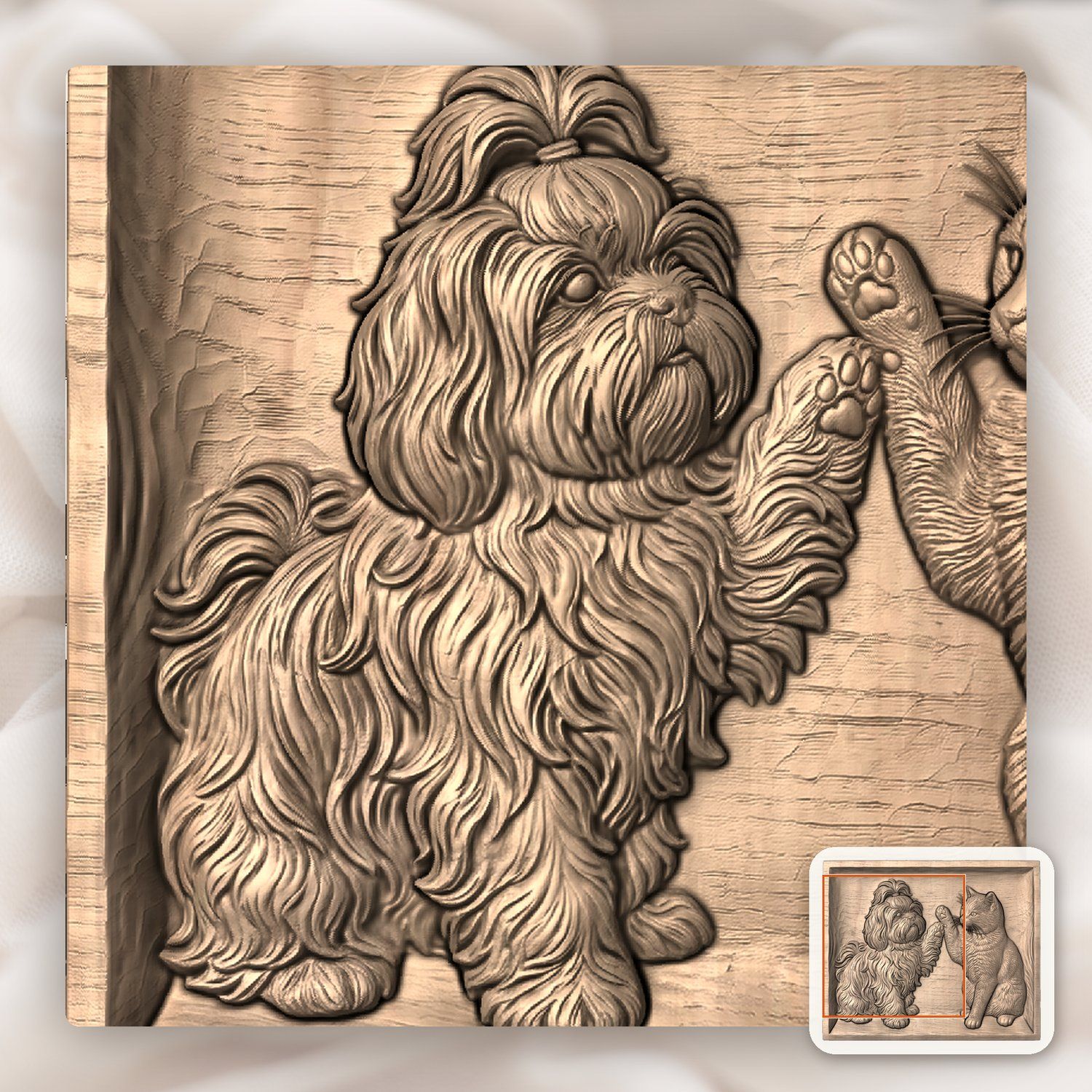 Playful Shih Tzu and Cat CNC Relief STL bas-relief STL — view 9