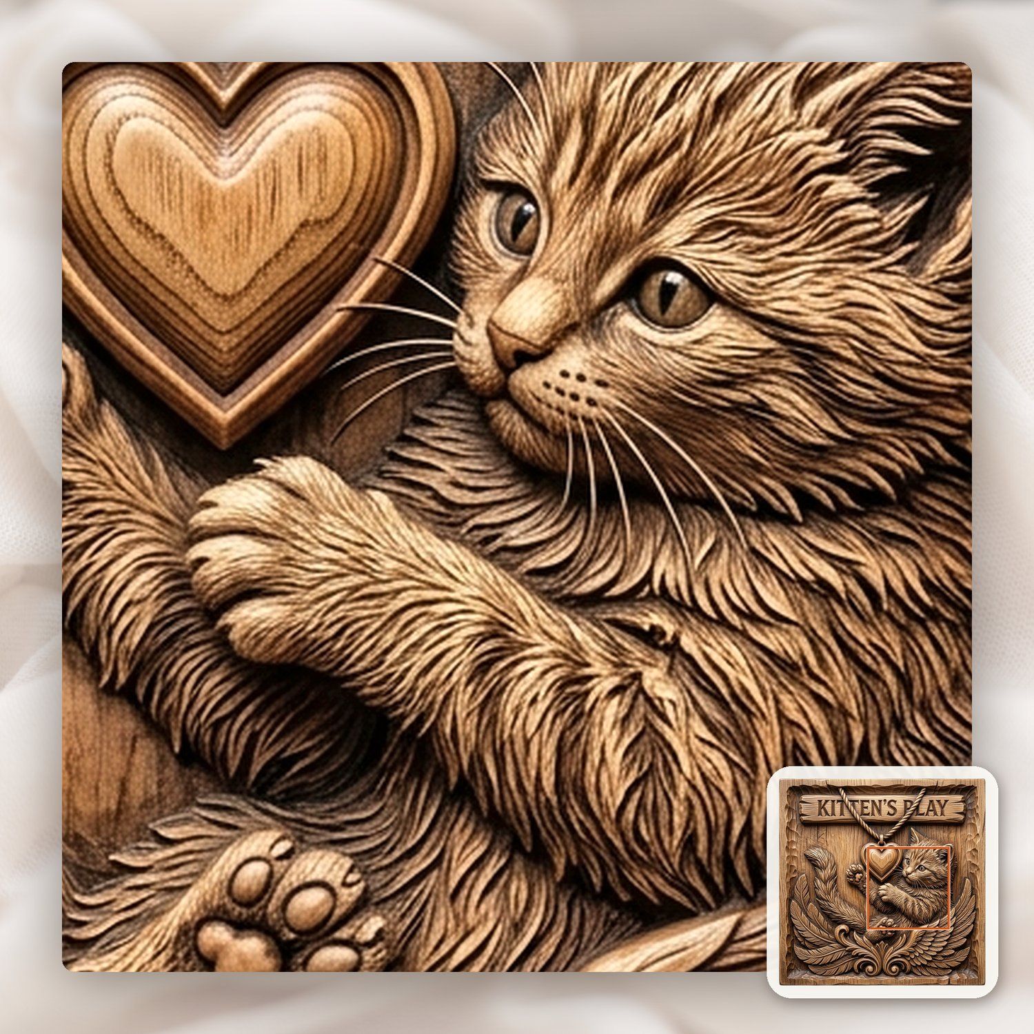 Playful Winged Kitten Heart Plaque CNC Relief STL bas-relief STL — view 9