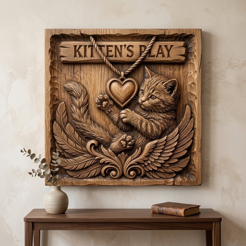 Playful Winged Kitten Heart Plaque CNC Relief STL bas-relief STL — view 12