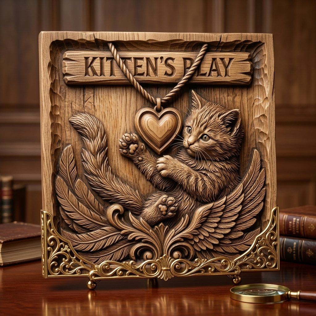 Playful Winged Kitten Heart Plaque CNC Relief STL bas-relief STL — view 13