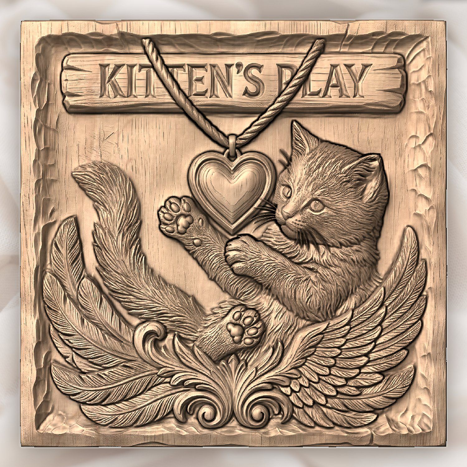 Playful Winged Kitten Heart Plaque CNC Relief STL bas-relief STL — view 2