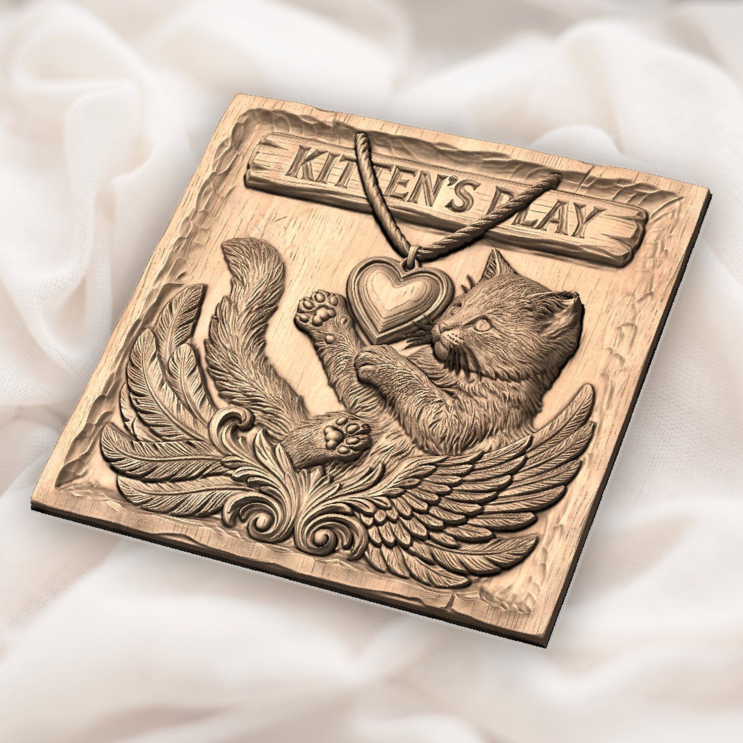Playful Winged Kitten Heart Plaque CNC Relief STL bas-relief STL — view 3