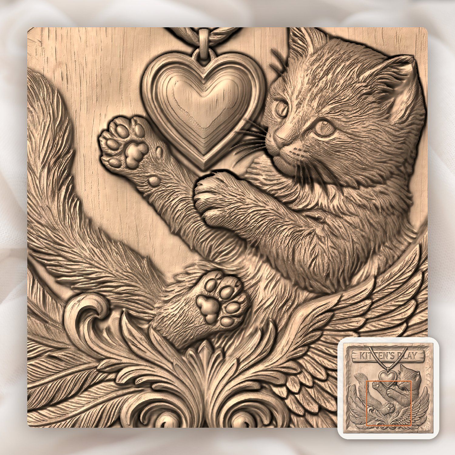 Playful Winged Kitten Heart Plaque CNC Relief STL bas-relief STL — view 4