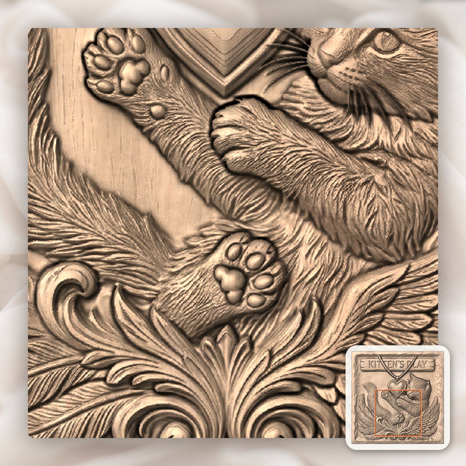 Playful Winged Kitten Heart Plaque CNC Relief STL bas-relief STL — view 5