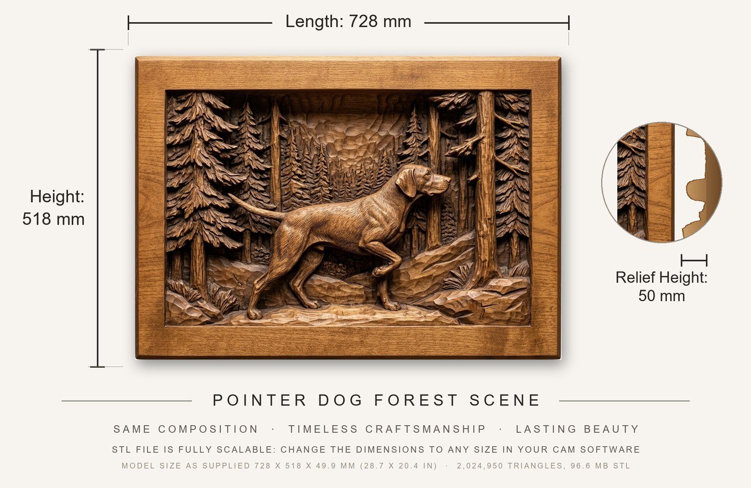 Pointer Dog Forest Scene CNC Relief STL bas-relief STL — view 3