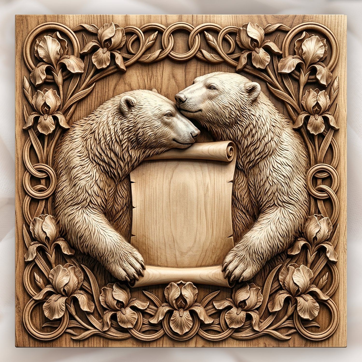 Polar Bear Couple Love Scroll CNC Relief STL | Wildlife Wood Carving Design | Custom Sign Wall Art Panel — carved bas relief STL file for CNC