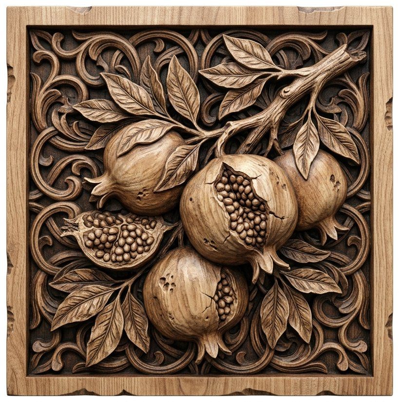 Pomegranate Botanical Harvest CNC Relief STL | Ornate Fruit Wood Carving Design | Aspire VCarve Pro ArtCAM — carved bas relief STL file for CNC